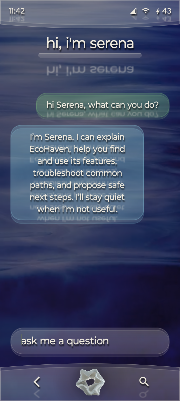 Serena guidance screen inside EcoHaven explaining how she can help